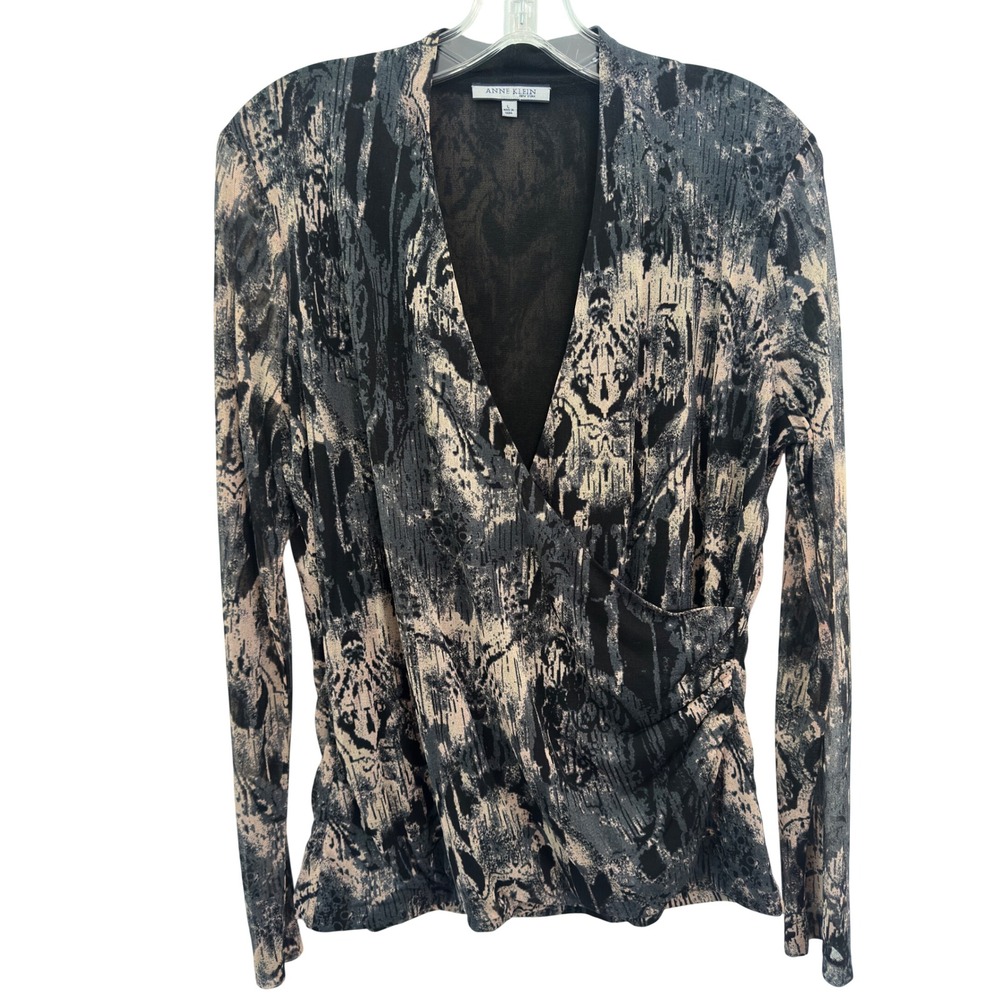 Anne Klein Silk Blend Faux Wrap Top Black Tan Abstract Print Office Siren L